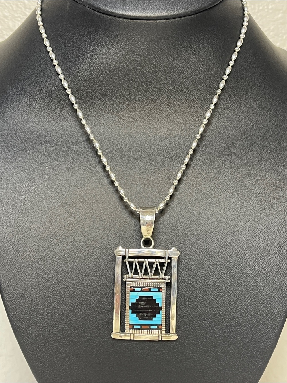 Sterling Silver Turquoise, Coral and Jet Pendant with Serling Silver 22” Chain